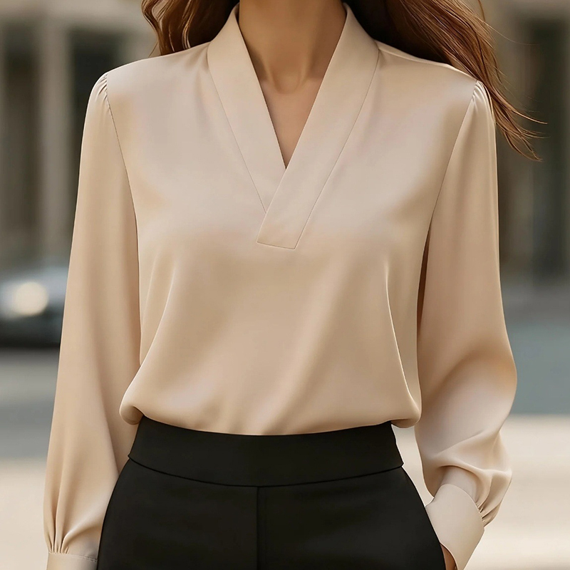Women's Elegant V Neck Blouse, Solid Color Shiny Finish Long Sleeve Dress Shirt For Office And Casual Wear Khaki - Shop at LoveMi