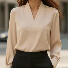 Women's Elegant V-Neck Blouse, Solid Colour Shiny Finish Long Sleeve Dress Shirt For Office And Casual Wear - Khaki - View 1