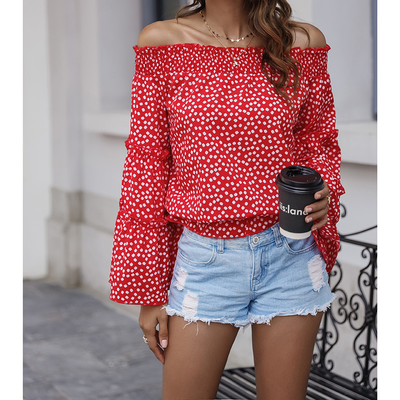 Women's One-Word Collar Off-Shoulder Small Shirt With Flared Sleeves Long Sleeve