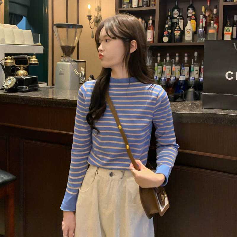 Long-sleeved Striped Bottoming Shirt With Inner And Outer Knitwear