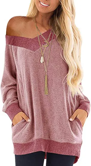 V neck Contrast Pocket Sweatshirt Long Sleeves Pink - Shop at LoveMi