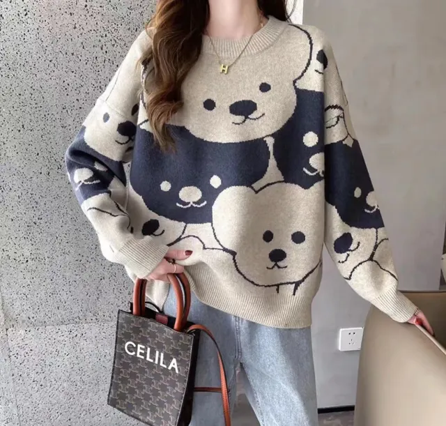 Crew Neck Loose Cartoon Bear Sweater Female Korean Version Pullover Knitted - Shop at LoveMi