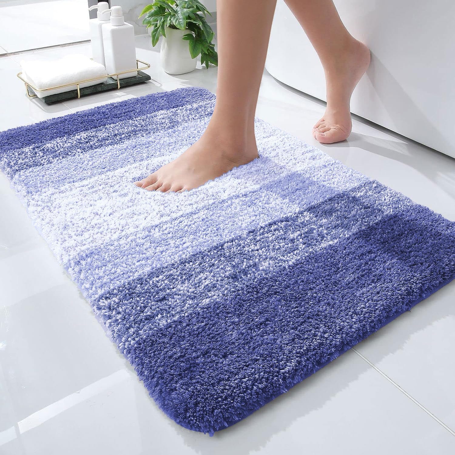 Luxury Microfiber Plush Shaggy Bath Mat 16x24 Inch, Soft Absorbent Bathroom Floor Rug, Blue Violet