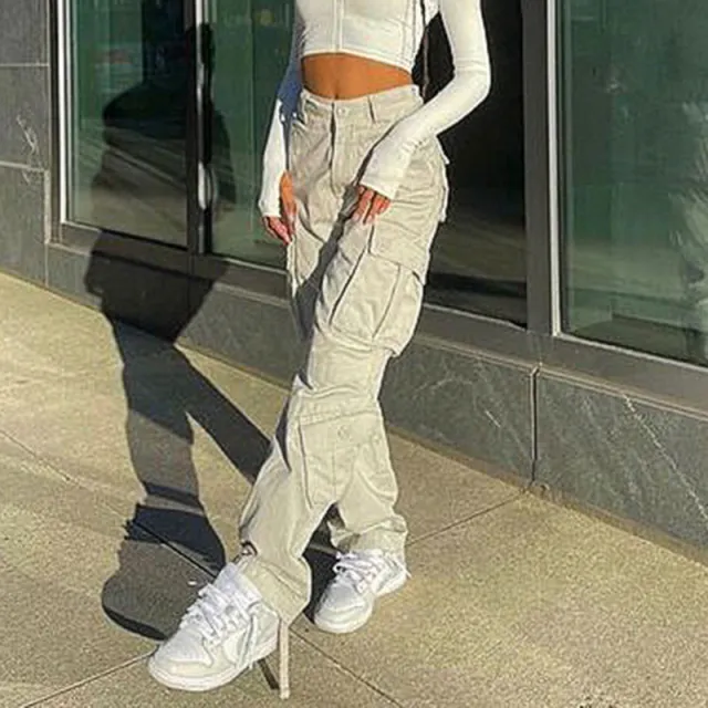 Multi pocket Workwear Trousers Hipster Old Loose Wide Leg Cream - Shop at LoveMi