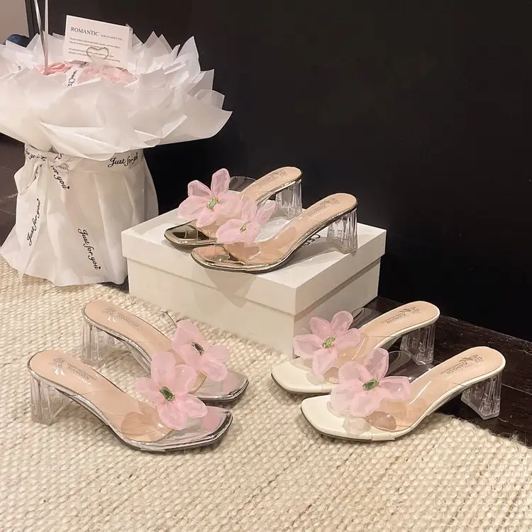 Temperament, Coarse Heel, Cool Slippers, Women's Summer Fashion, Square Toe, Exposed Toe, Exquisite High Heels
