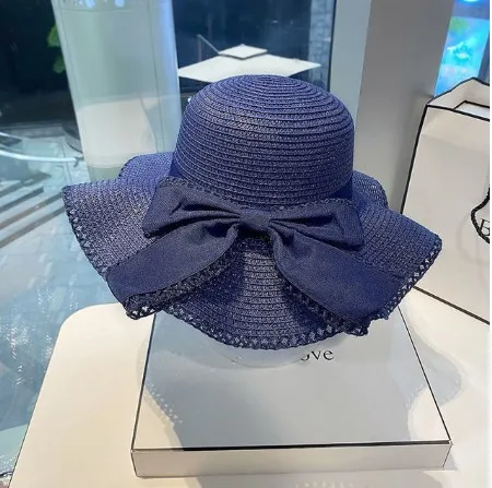 Bow Ruffles Big Brim Straw Hat Navy Blue - Shop at LoveMi