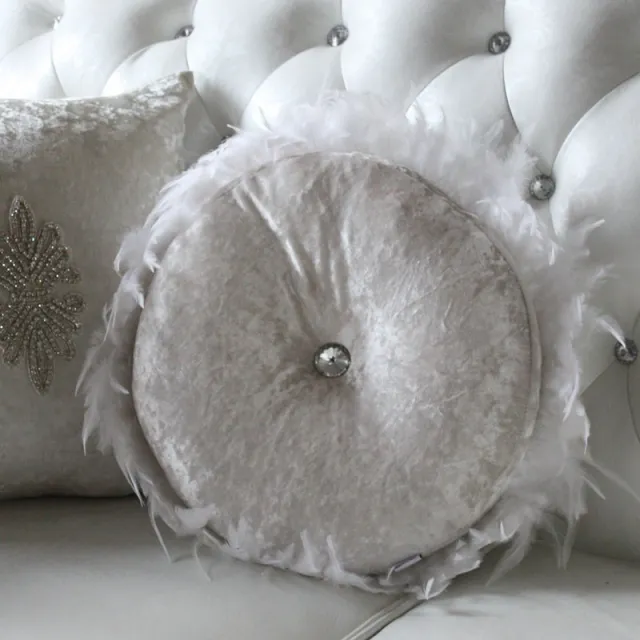 Round Feather Diamond Buckle Solid Color Pillow Sofa Pillow White - Shop at LoveMi