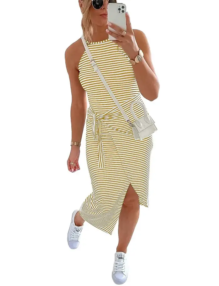 Lace Up Striped Crewneck Dress