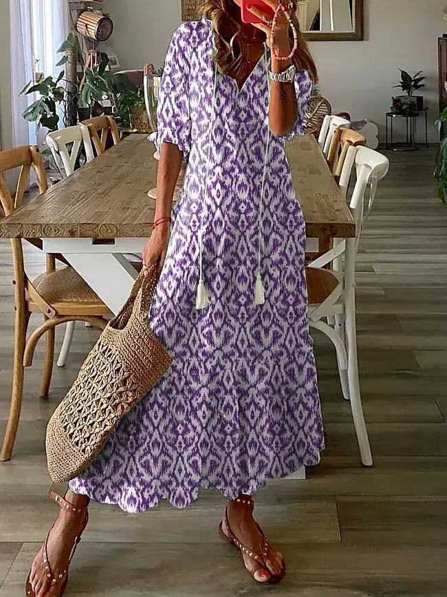 New Europe And America Cross Border Amazon Casual And Sweet Loose V-neck Printed Tassel Mid-sleeve Long Dress For Women