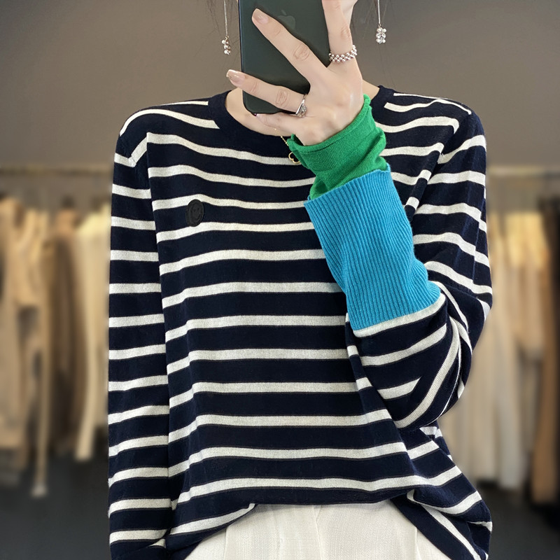 Double-layer Contrast Color Sleeves With Stripes Sweater