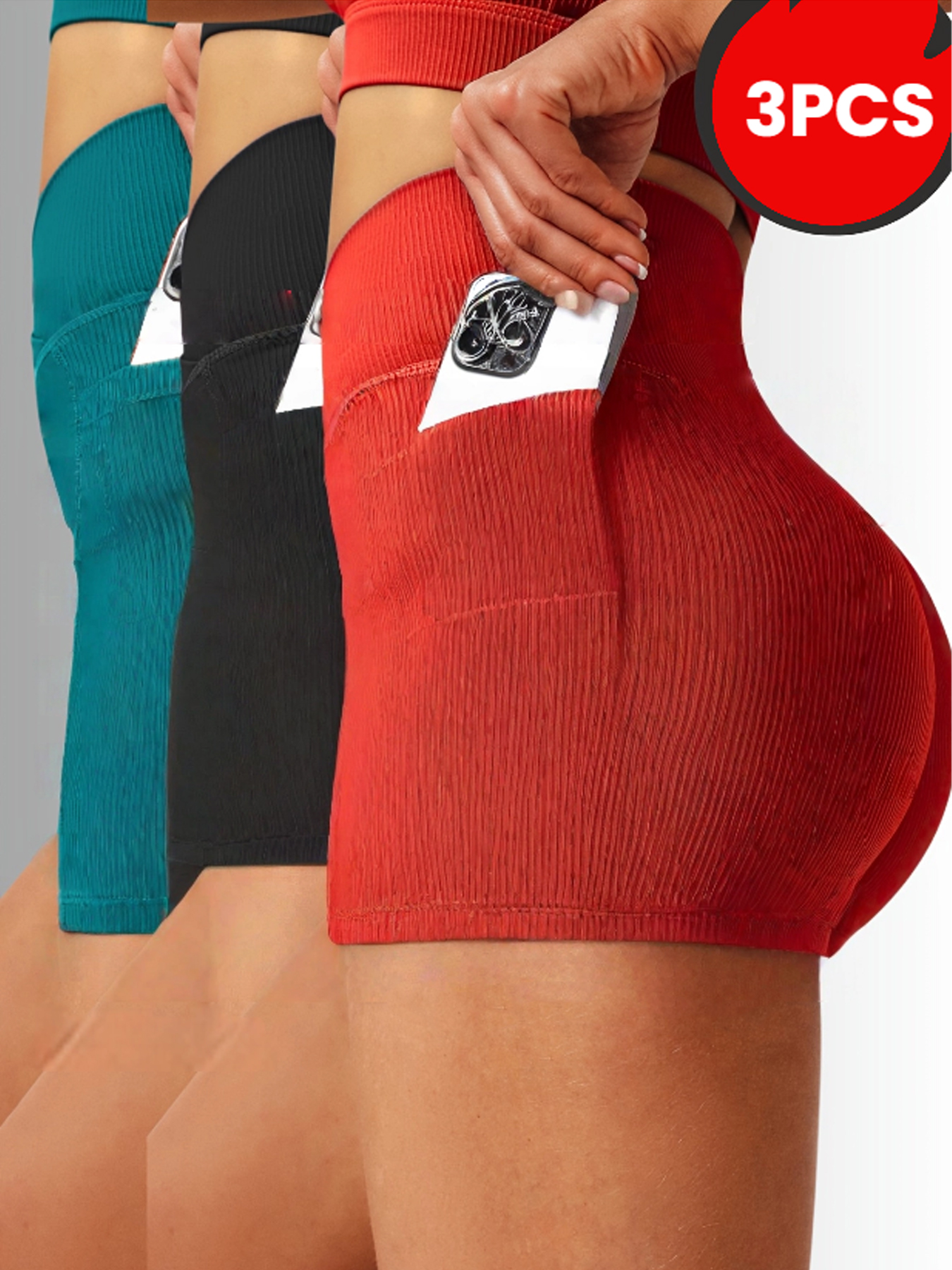 3 Pack Seamless Yoga Shorts High Waisted Tummy Control, Quick Dry For Gym & Running Green Black Red - Shop at LoveMi