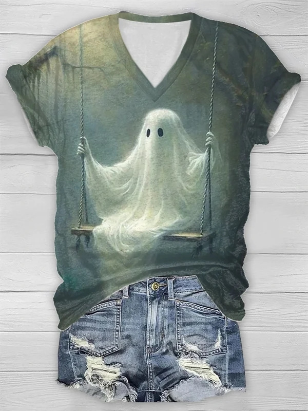 Halloween Pattern Printed Short-sleeved V-neck T-shirt Women's Top