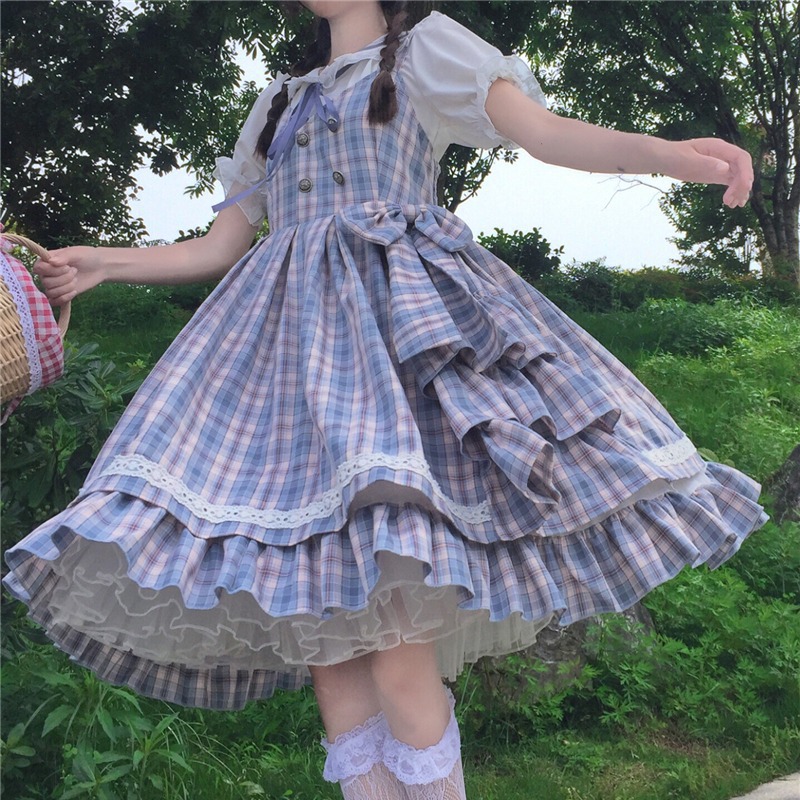 Original Sweet College Style Lolita Suspender Skirt High Waist Bowknot Big Swing Plaid Dress Suit Female Summer