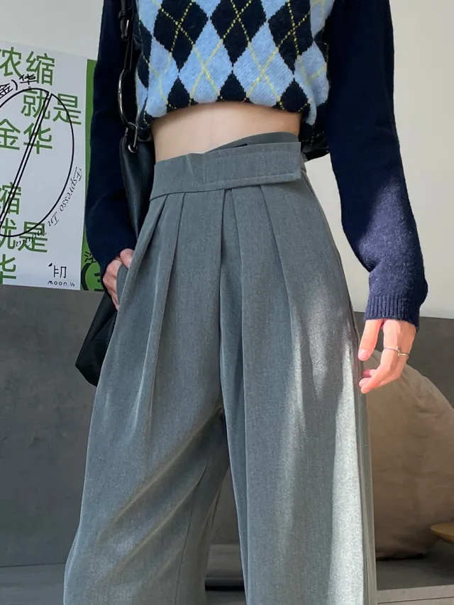 Gray brown Wide leg Pants Women's Spring And Autumn High waist Drape Straight leg Pants Grey - Shop at LoveMi