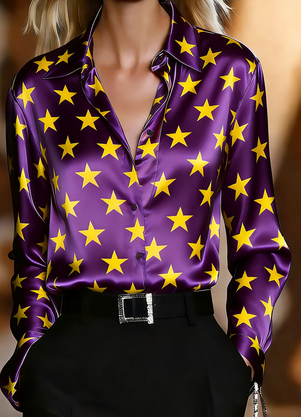 Urban Luxury Style Satin Collar Long-sleeved Shirt For Women