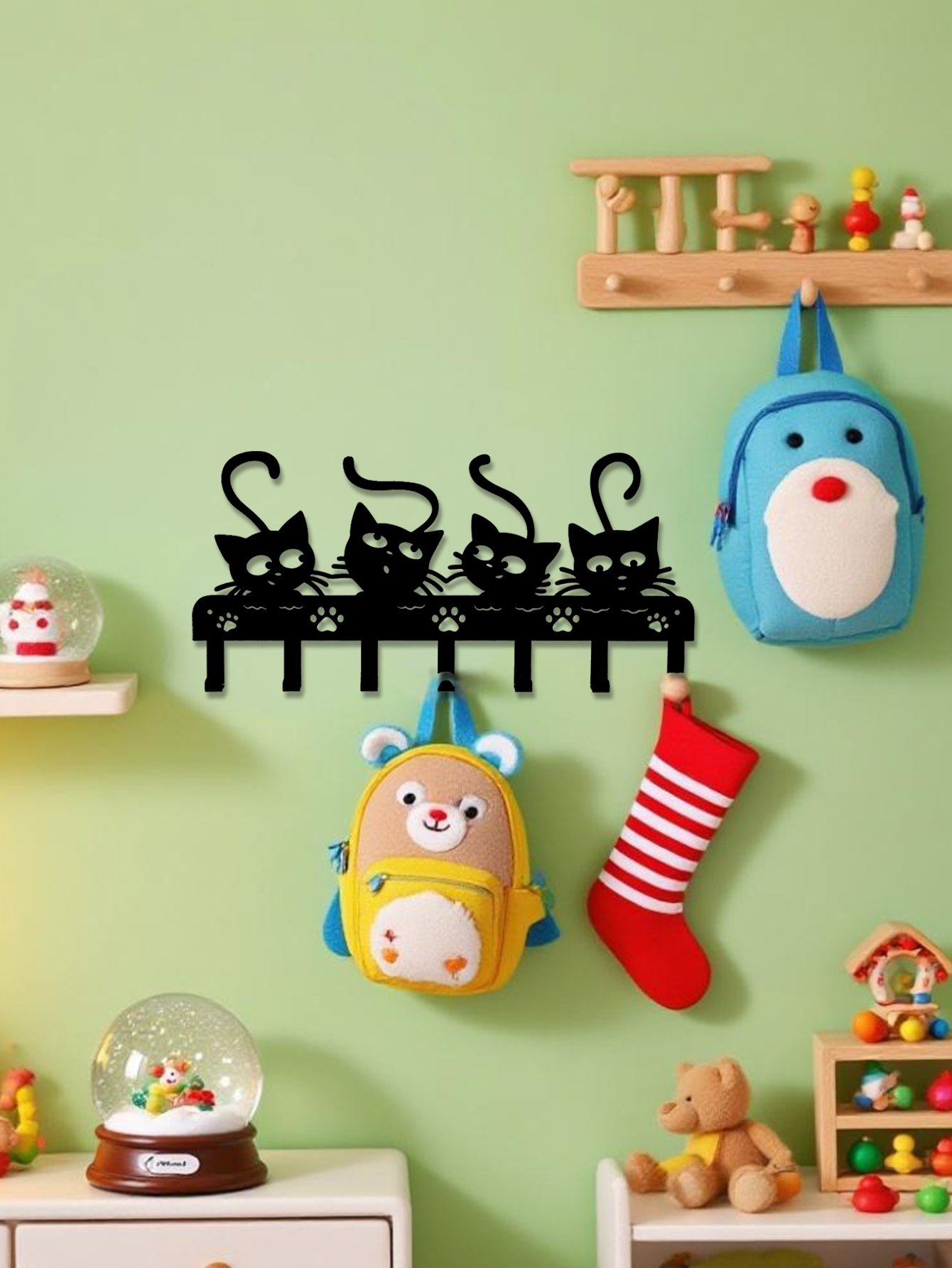 1pc Black Cats Wall Hooks Key Holder W 7 Hooks - Black Iron Wall-Mounted Rack_voghion.com