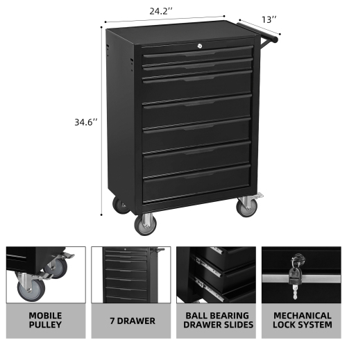7-Drawer Rolling Tool Chest Cabinet, Large Capacity Metal Tool Box With Wheels And Cylinder Locking, Roll Around Storage Organizer Tool Cart For Garage, Warehouse, Work Shop - Black 5