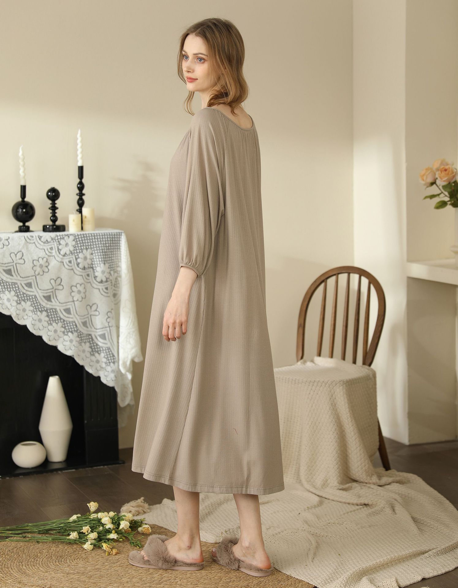 Lengthened Thin Solid Color Eight-quarter Sleeve One-piece Homewear Clothing