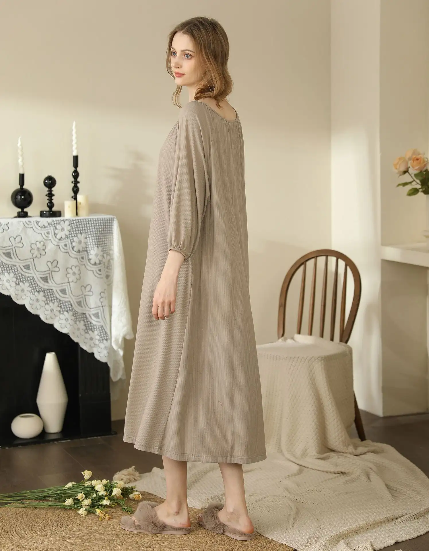 Lengthened Thin Solid Color Eight-quarter Sleeve One-piece Homewear Clothing
