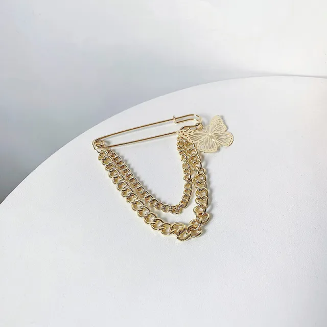Korean Ins Trend Retro Butterfly Chain Pin Brooch Street Fashion Metal Suit Decoration Hip hop Gold - Shop at LoveMi