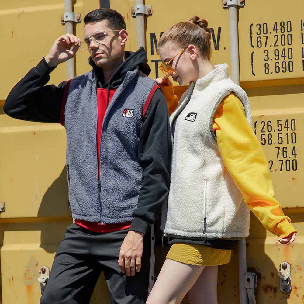 Autumn And Winter New Zip Pocket Contrast Splice Lamb Fleece Vest Thickened Fleece Warm Coat