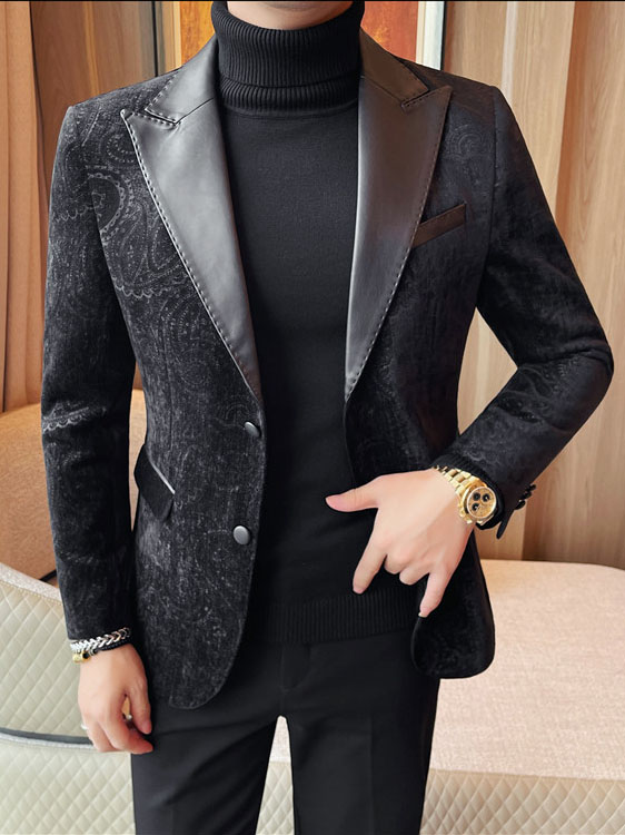 Jacquard Velvet Leather Lapel Men's Blazer