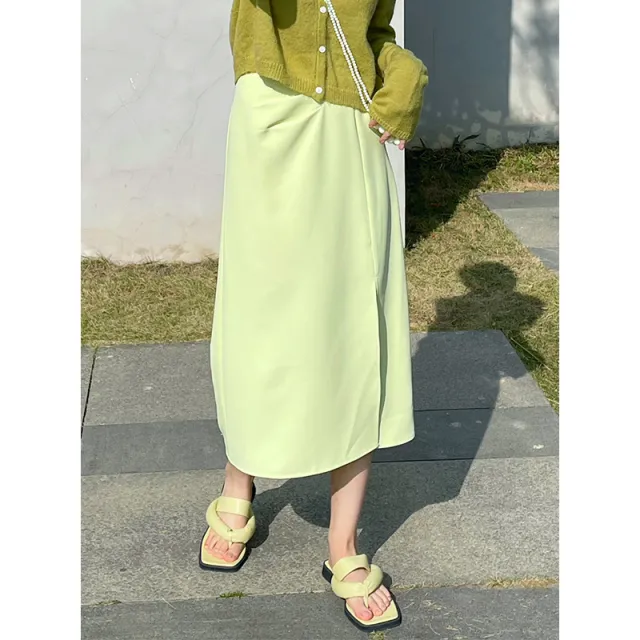Women's Solid Color Versatile Mid Length Slit Skirt Green - Shop at LoveMi