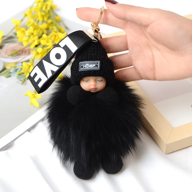Real Fox Fur Ball Pendant Sleeping Doll - Black