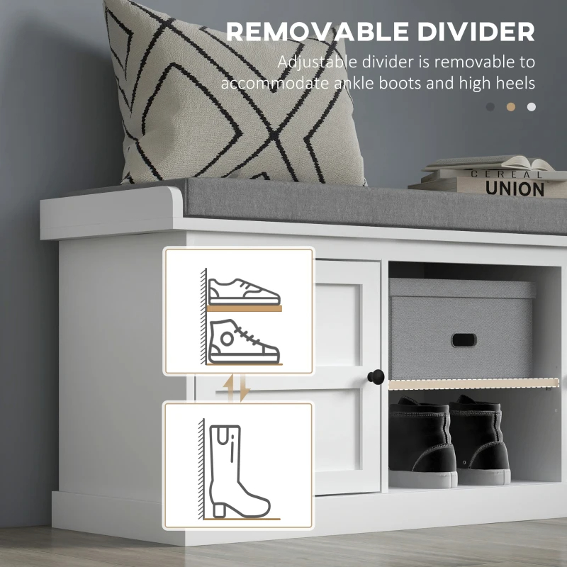 Shoe Storage Bench With Cushioned Seat, Entryway Bench Seat With 2 Cabinets And Adjustable Shelf For Hallway, White