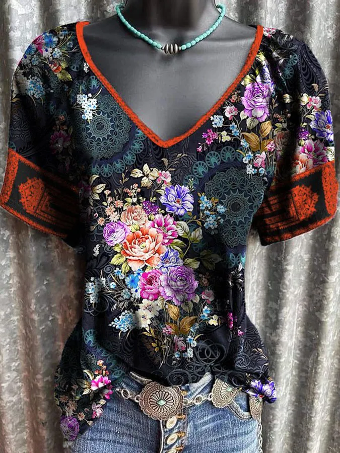 Women's Bohemian Print V-Neck Casual Short Sleeve T-Shirt - 8Style-5Xl
