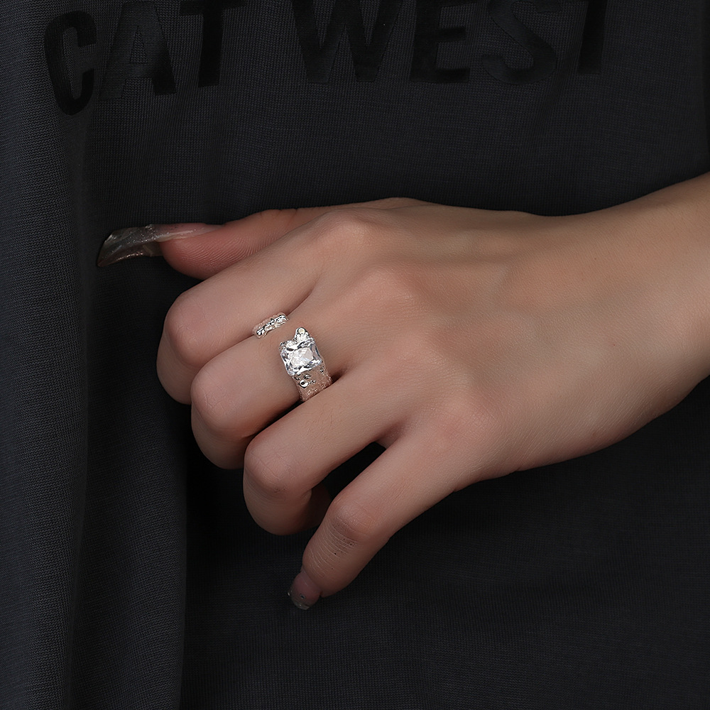 Cool Wind Irregular Simple Heavy Industry Middle Ancient Zircon Adjustable Ring Girl