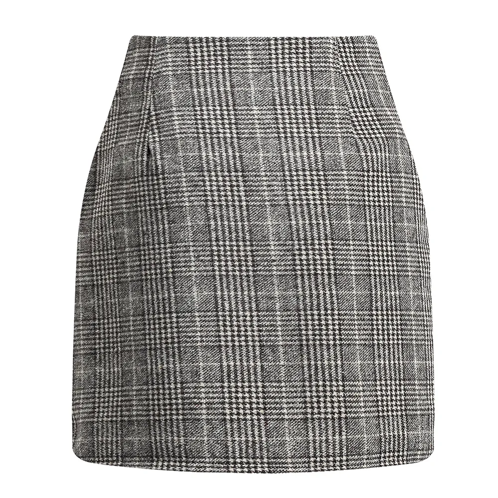 High-waisted Plaid Skirt Tight Pencil Wool Mini Skirt - Black
