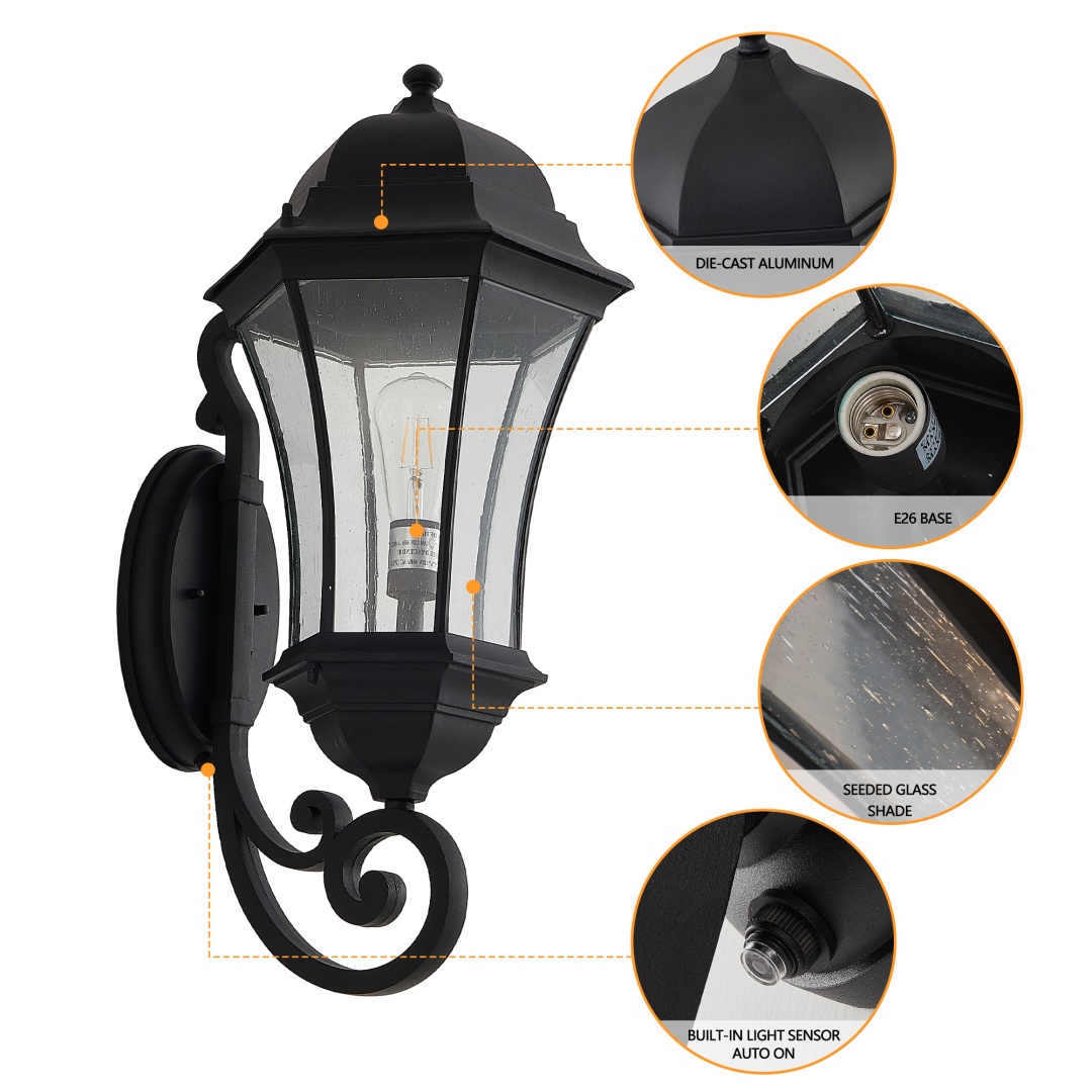 27in H  1-Pack Outdoor Wall Lantern With Dusk To Dawn Sensor, Black Weatherrproof Exterior Light Fixture With Clear Bubble Glass, Vintage Wall Sconce For Porch, Patio, Entryway, And Garage No Bulb