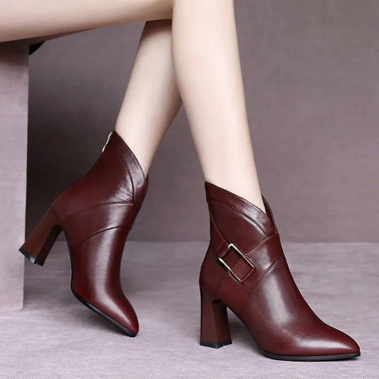 Women's Thick Heel High-top Shoes Fashion Leather Ankle Boots - Red