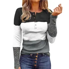 Long Sleeved Pit Strip Slim Fit Round Neck Print Pullover Women's - 1 Style-S - View 1