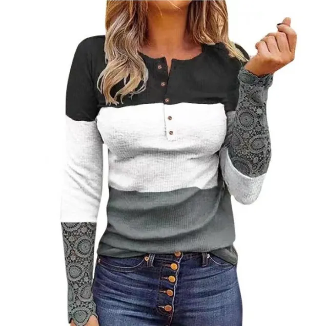 Long Sleeved Pit Strip Slim Fit Round Neck Print Pullover Women's 1 Style M - Shop at LoveMi