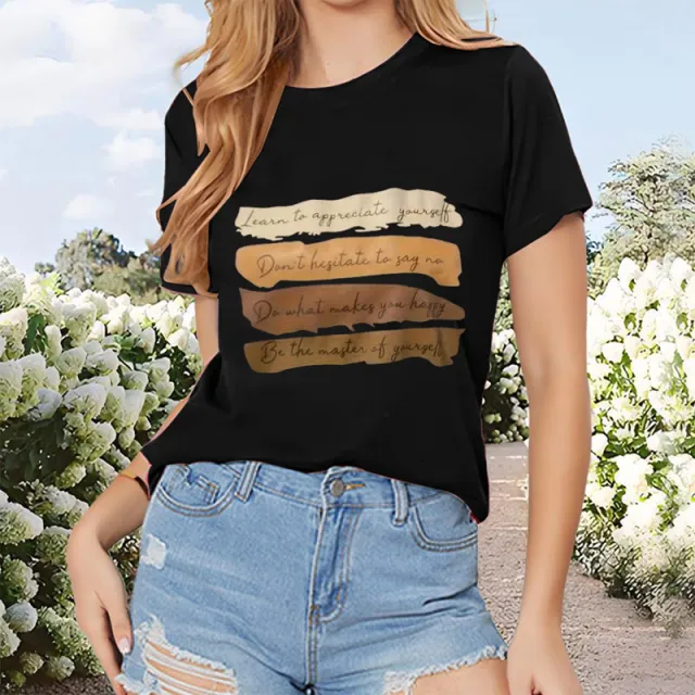 Retro Color Block Graphic Tee Women's Casual Short Sleeve Crew Neck Summer Shirt Black - Shop at LoveMi