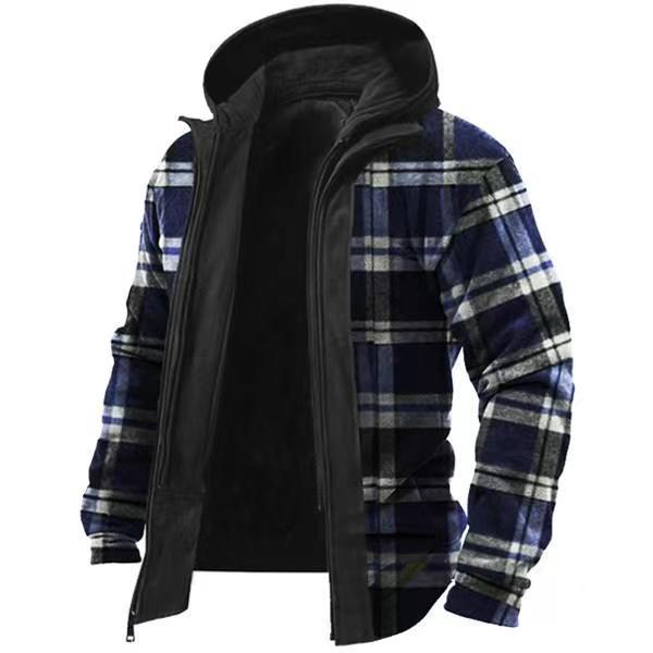 Men's Autumn And Winter European And American Jacket Casual Hooded Fake Two-piece Plaid Jacket