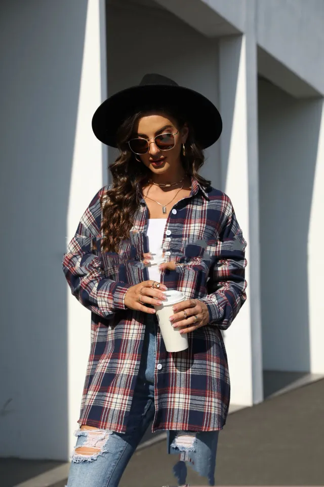 Loose And Slim Lapel Long Sleeved Brushed Plaid Shirt Black Blue - Shop at LoveMi