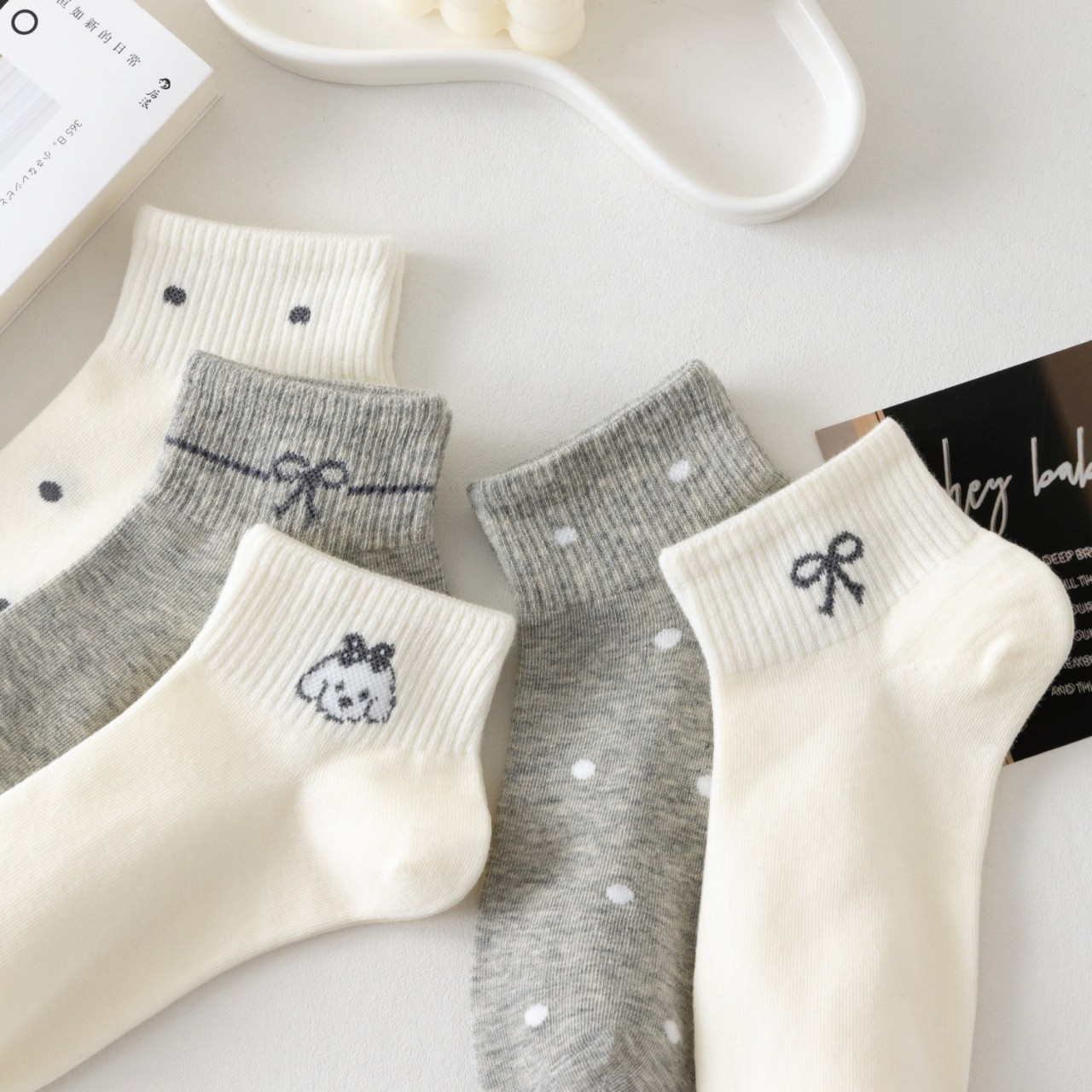 Cute Puppy & Bow Polka Dot Ankle Socks, Coquette Ribbed Knit Short Socks, Women's Casual Low-Cut Socks For Daily Wear