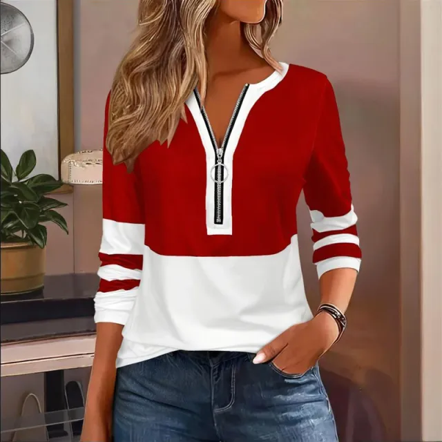 Women's Zip Up Round Neck Long Sleeve Sweatshirt With Color Block Stripes Casual Pullover Top For Spring&Fall Red - Shop at LoveMi