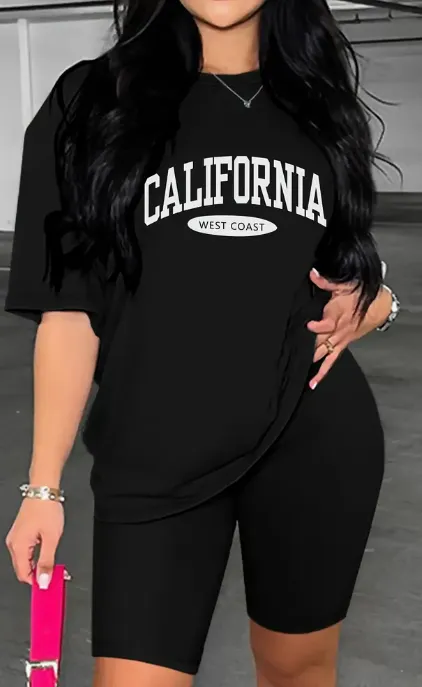 Women's Casual Sporty Number Print Short Sleeve T Shirt And Shorts Set, Comfortable Athletic Loungewear Outfit Black - Shop at LoveMi