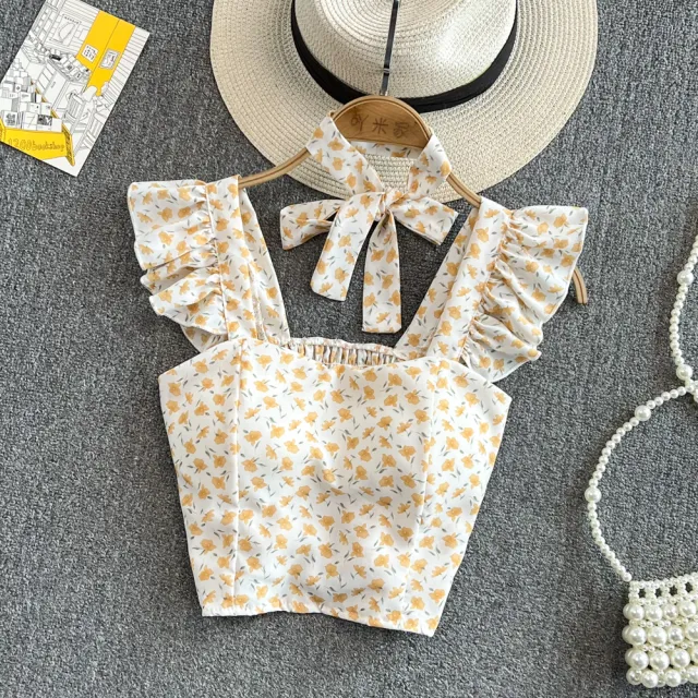 Western style Girls Slim Sleeveless Square Neck Floral Top Women Yellow - Shop at LoveMi