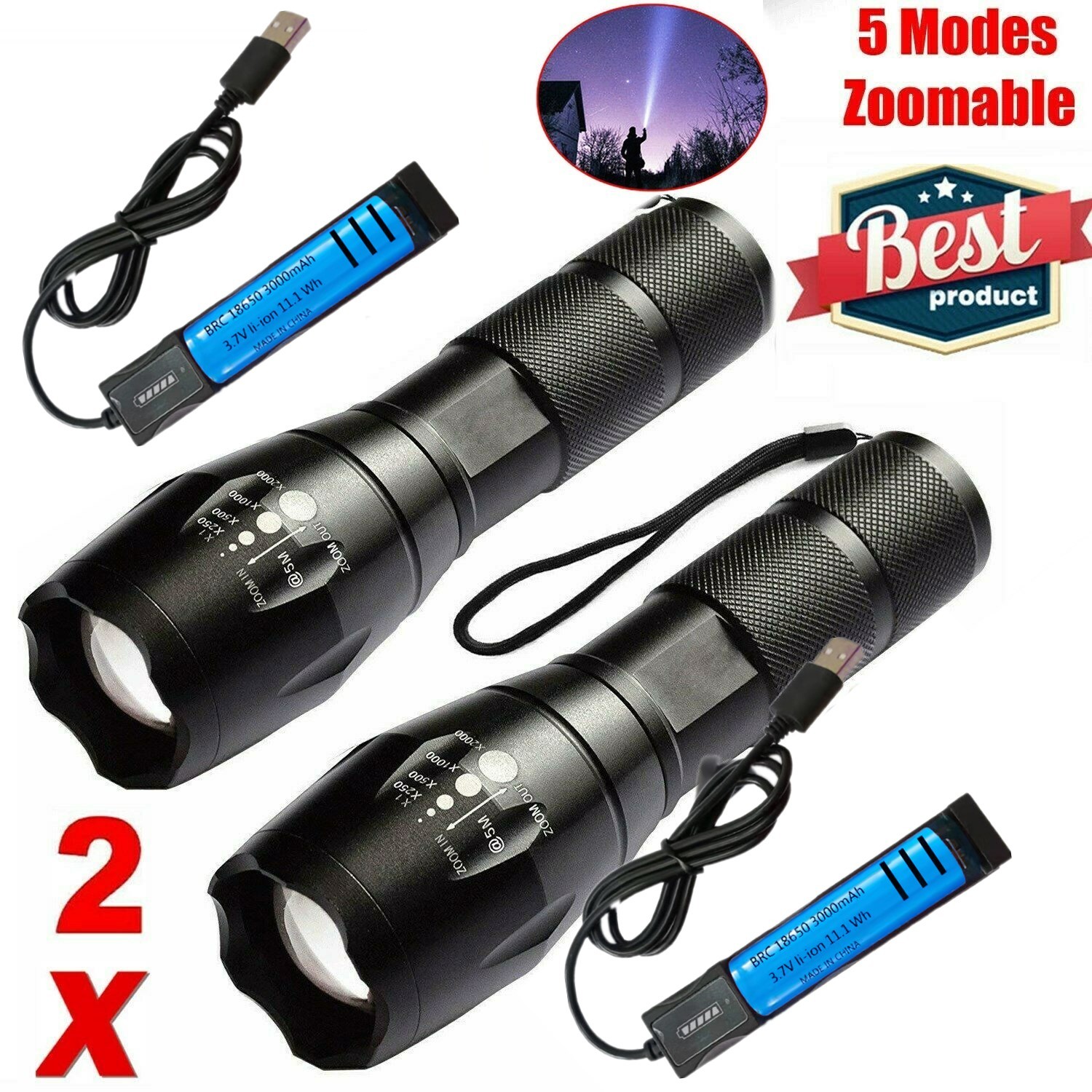 LED Flashlight Zoom Torch USB Rechargeable Super Bright Camping Lamp Work Light