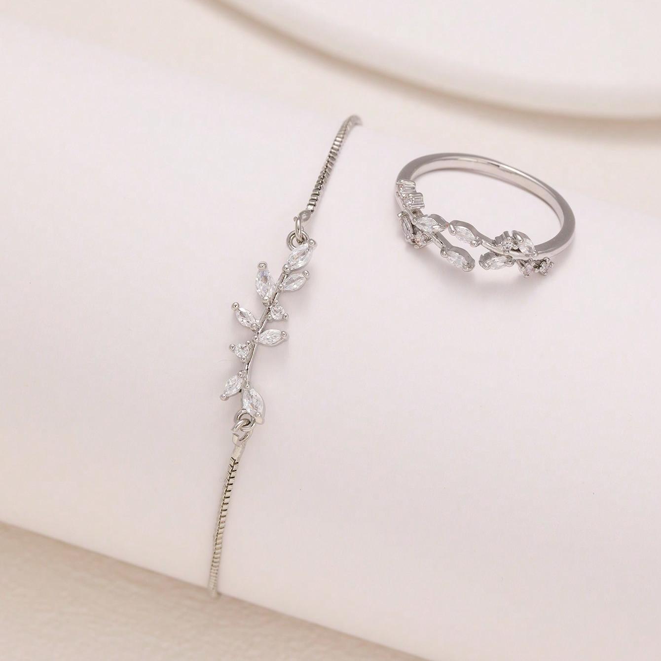 2pcs Fashion Silver Horse Eye Crystal Zircon Leaf Bracelet And Ring,Pulling Brac
