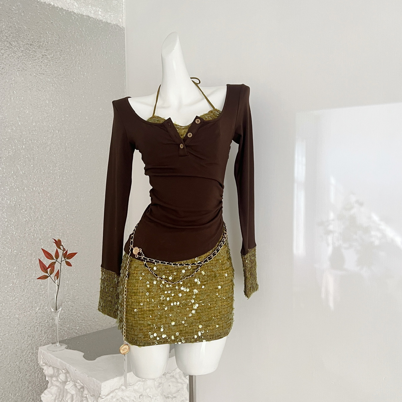 Women's Knit Bodycon Fake Two Piece Dress Deep Winter Y2K Hot Girl Birthday Club Outfit Gold - Shop at LoveMi