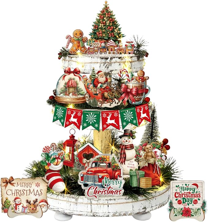 24-Piece Christmas Tiered Tray Decor Set, Wooden 3D Farmhouse Signs