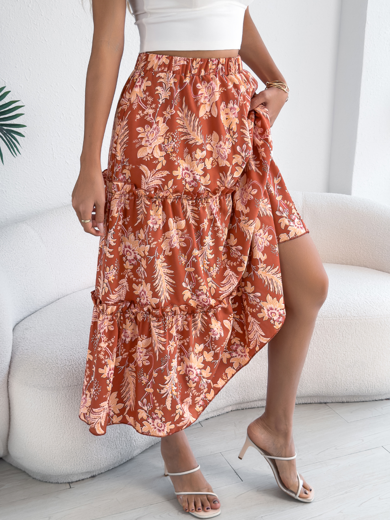 Women’s Casual Floral Print Ruffle Trim Midi Beach Skirt