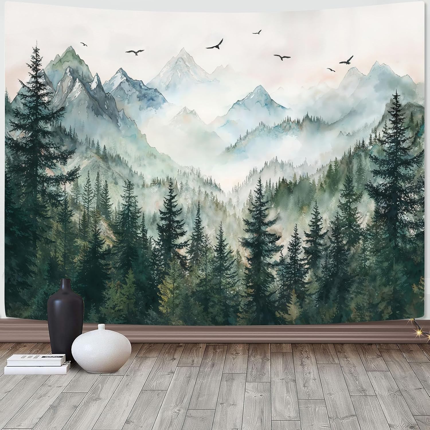 Misty Forest Mountain Tapestry 48x36 Inch, Sage Green Pine Tree Watercolor Landscape Wall Hanging For Bedroom And Living Room