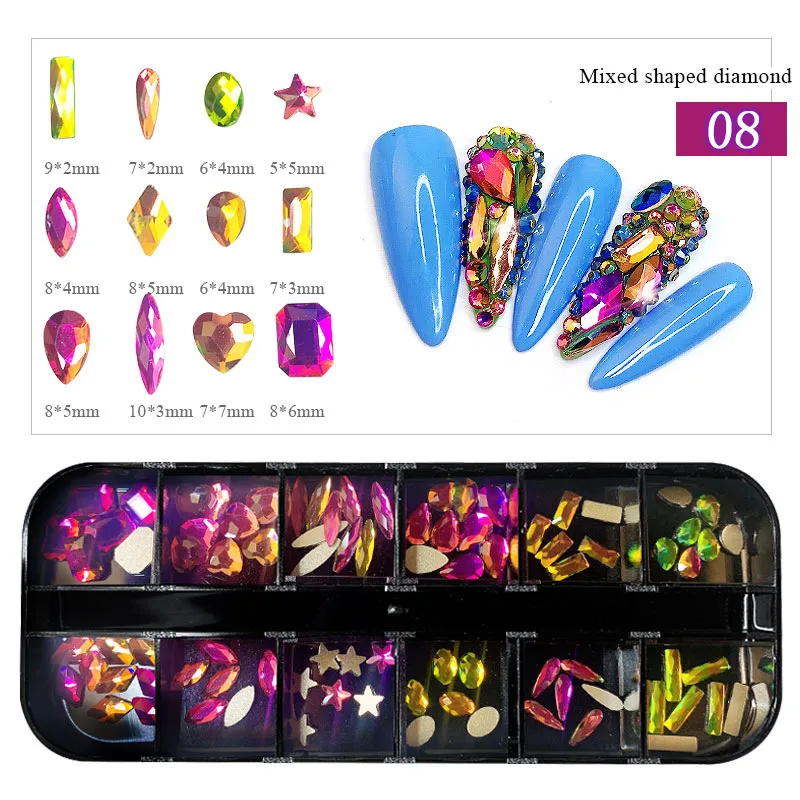 Boxed Flat Bottom Shaped Diamonds Coloured Glass Rhinestone Nail Art - A8
